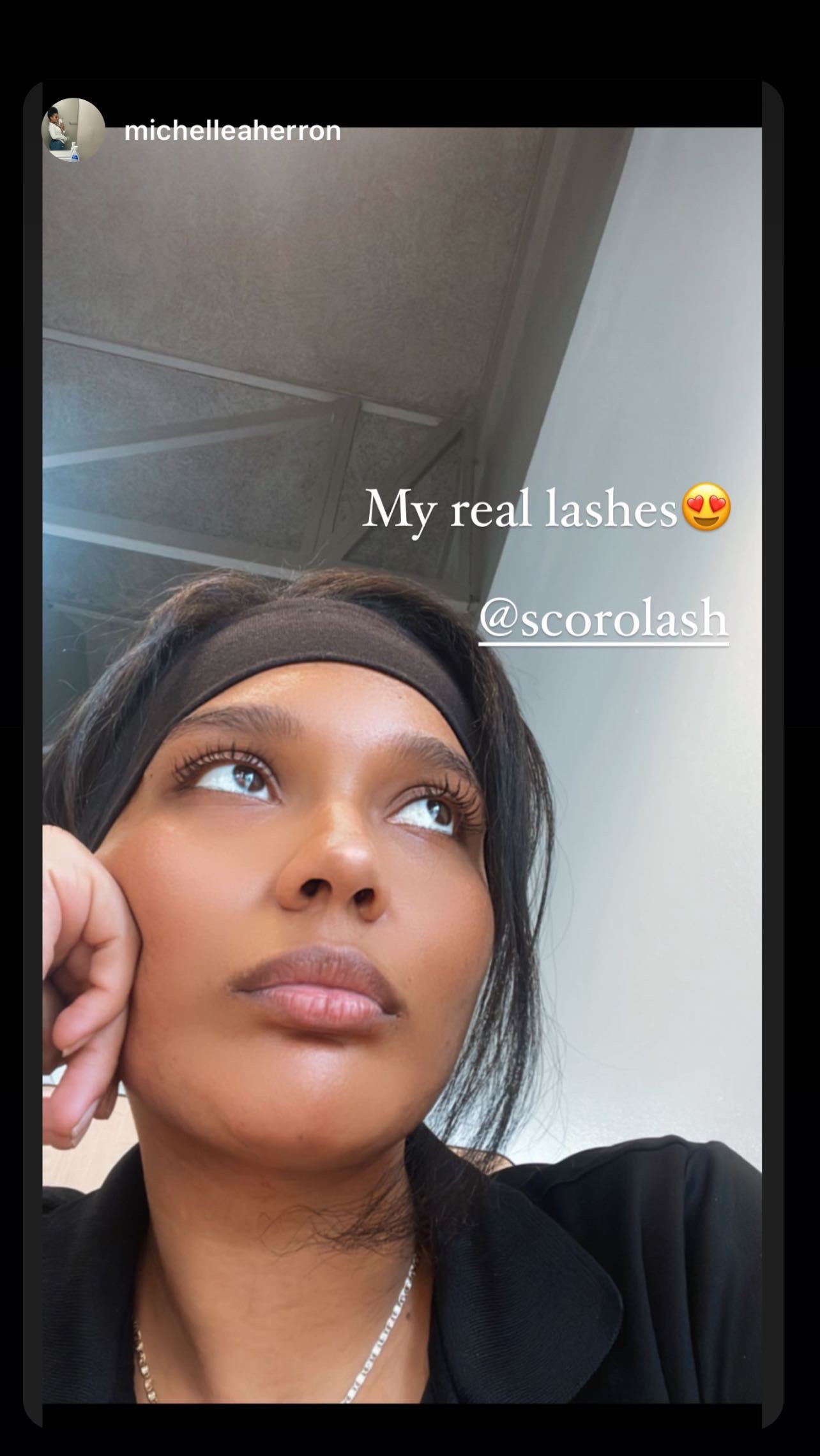 A selfie picture showcasing our beautiful customer's results using our Scorolash Eyelash Volumizing Growth Serum and her experience using our products