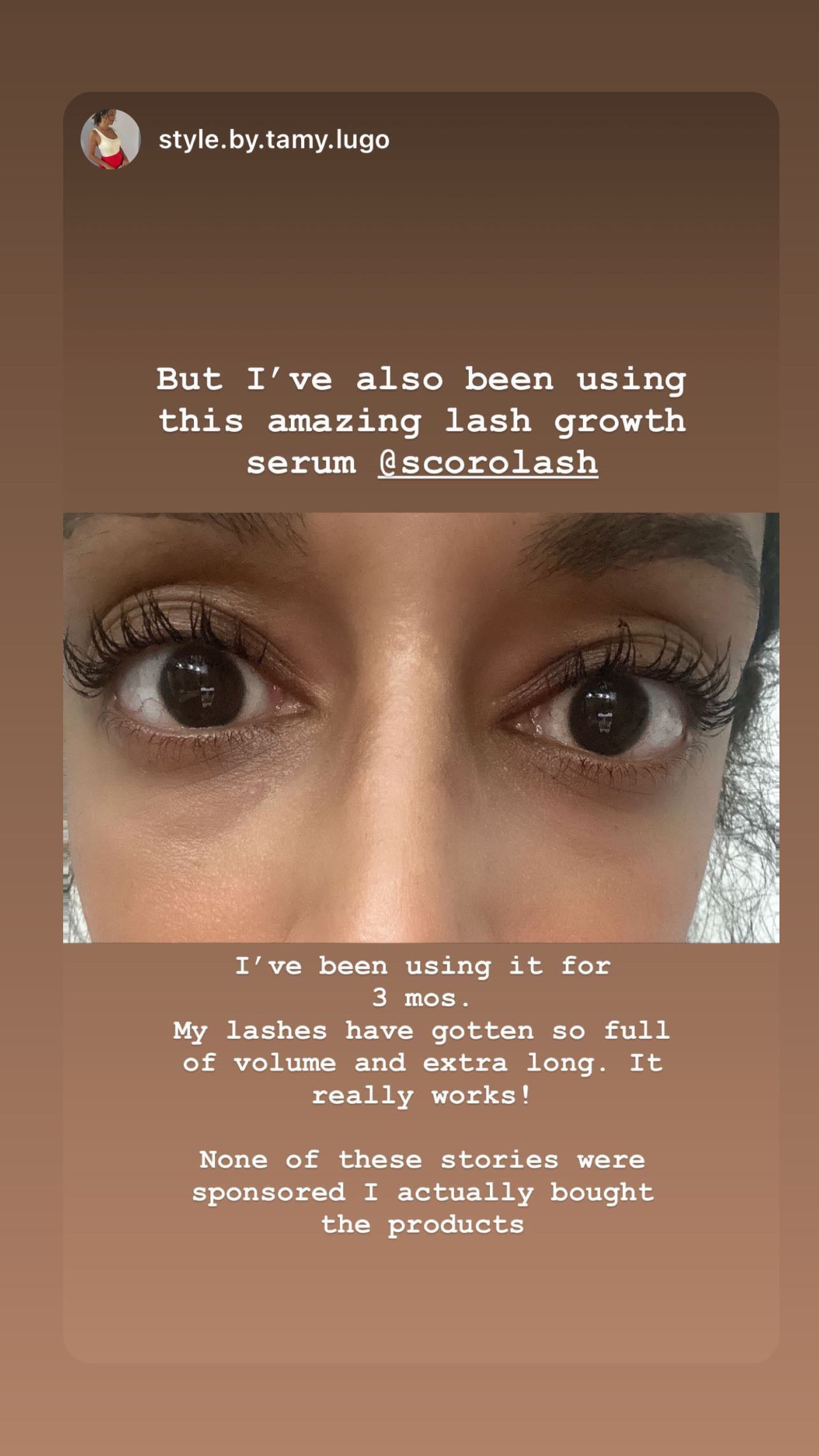 A selfie picture showcasing our beautiful customer's results using our Scorolash Eyelash Volumizing Growth Serum and her experience using our products