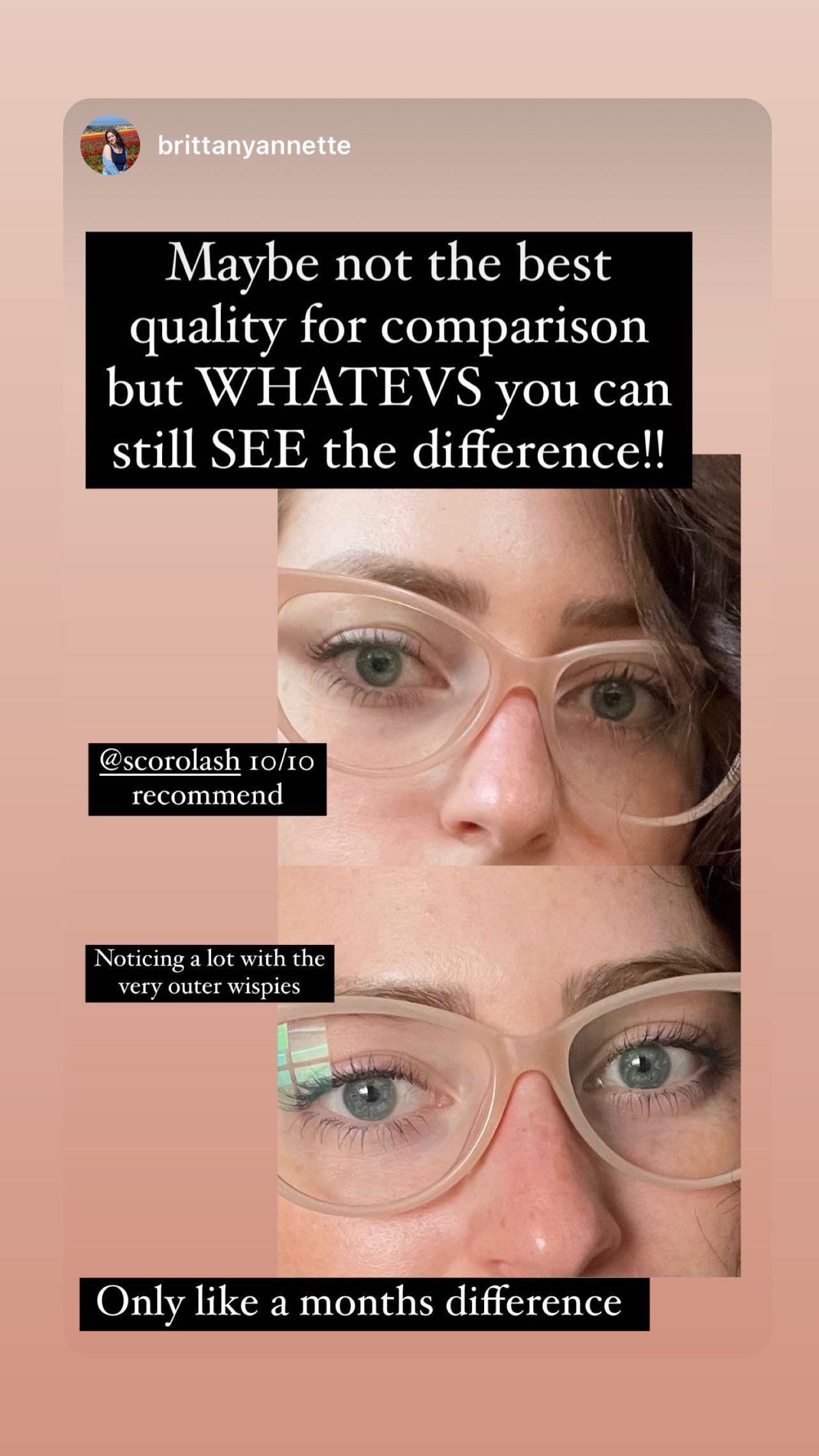 A selfie picture showcasing our beautiful customer's results using Scorolash and Scorobrow and her experience using our products