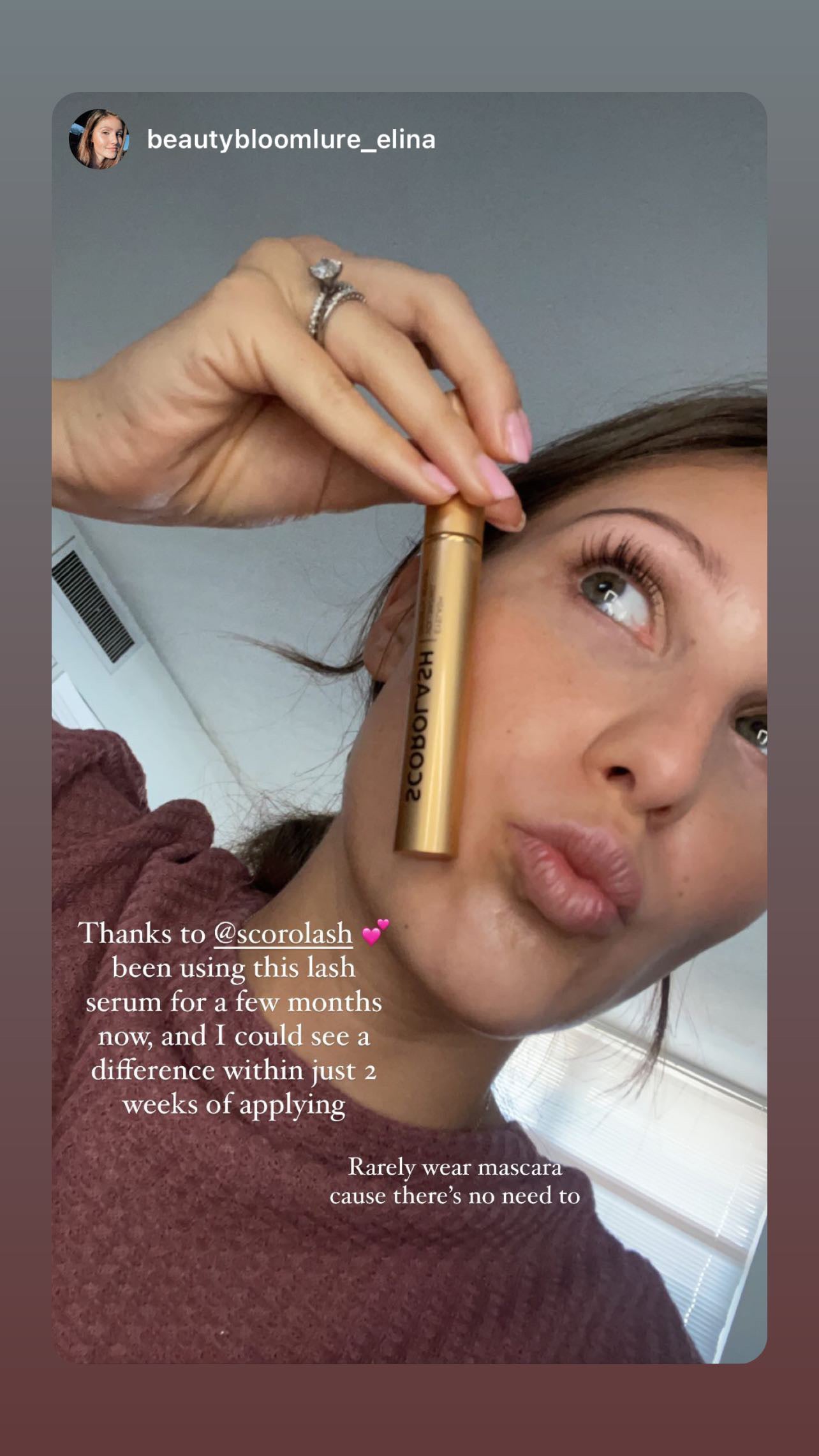 A selfie picture showcasing our beautiful customer's results using our Scorolash Eyelash Volumizing Growth Serum and her experience using our products