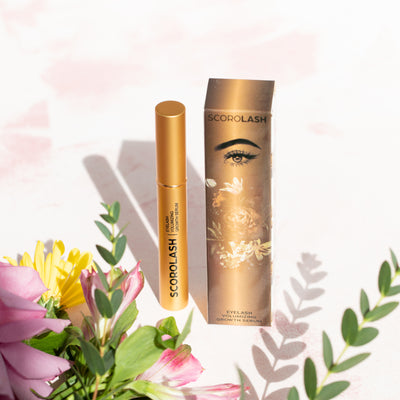 Elegant packaging in brownish gold as well as our Eyelash Volumizing Growth Serum